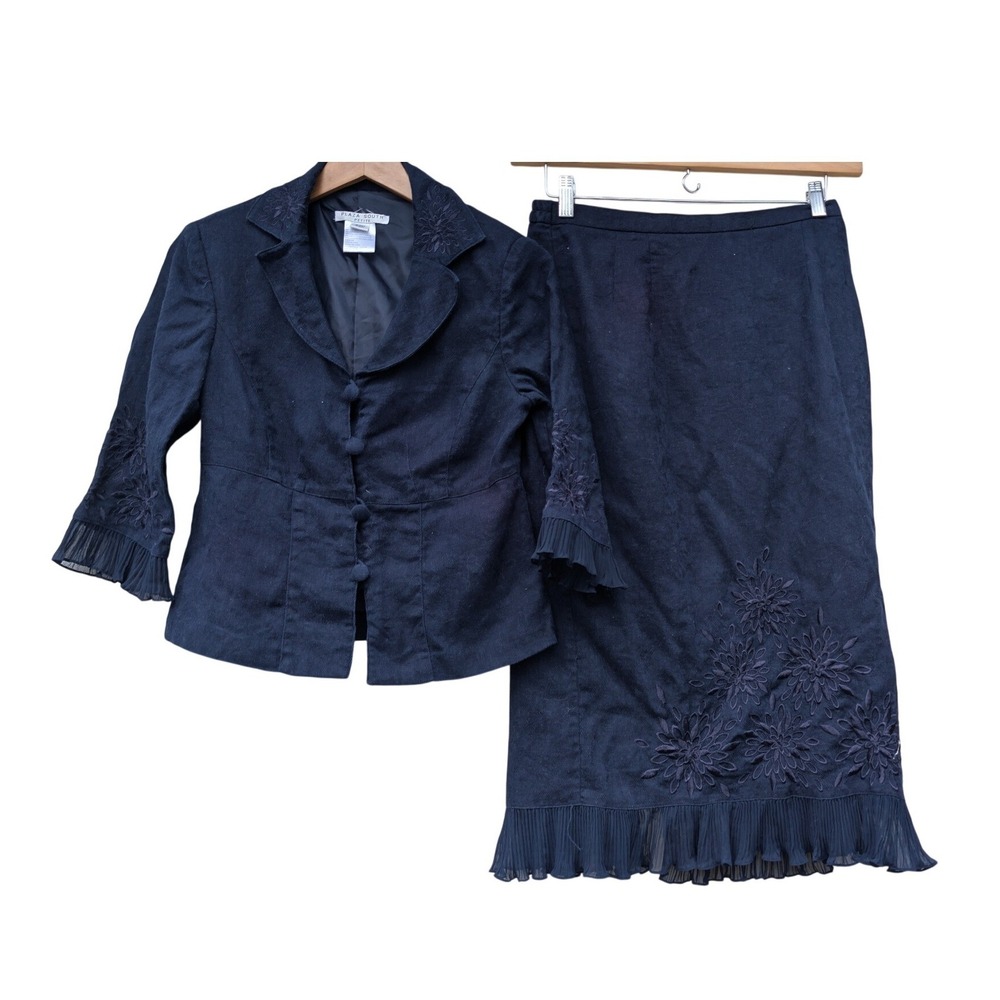 Plaza South Skirt Suit Womens 10P Navy Blue Linen Cotton Embroidered Chiffon